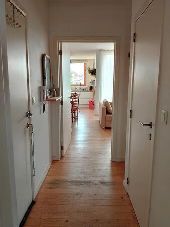 View from the entrance hallway towards the kitchen and living area